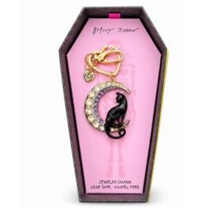 Betsey Johnson Halloween Black Cat Crescent Moon Bag Charm Keychain Coffin Box